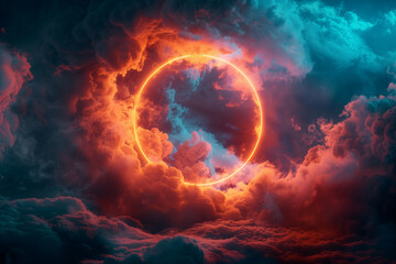 Obraz premium Neon ring illuminating abstract cloud on dark night sky 