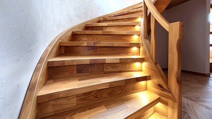 A simple and modern staircase made out of hardwood with wood railings