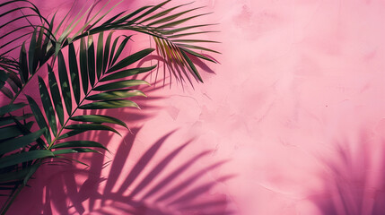 Fototapeta na wymiar Palm leaf shadows on pink wall, minimalist abstract background 