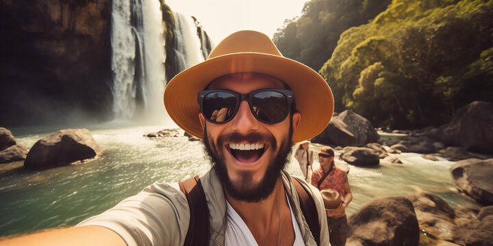 Handsome male tourist visiting national park taking selfie picture in front of waterfall - Traveling lifestyle concept with happy bearded man wearing hat and sunglasses enjoying freedom in the nature.