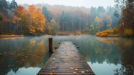 Autumn forest landscape reflection on the water with wooden pier - obrazy, fototapety, plakaty
