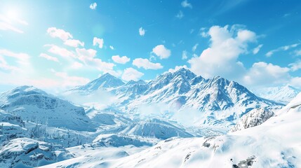 A beautiful view of a big snowy mountain range with a blue sky. Ski resort background