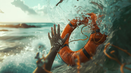 Hand of drowning person in the water about to catch life preserver or lifebuoy