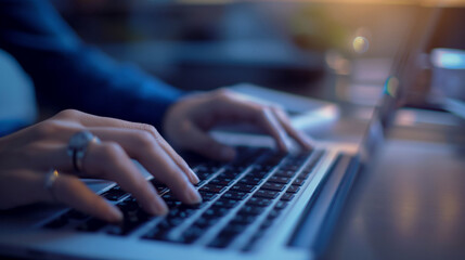 Office person typing on a laptop, close up shot