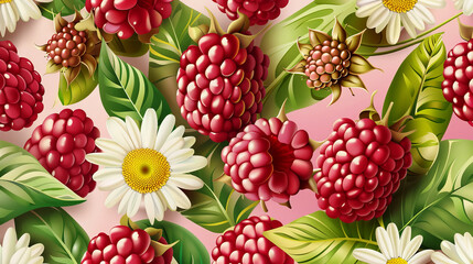 Abstract seamless pattern with red raspberry with green leaves and daisies isolated on white background. Close-up.