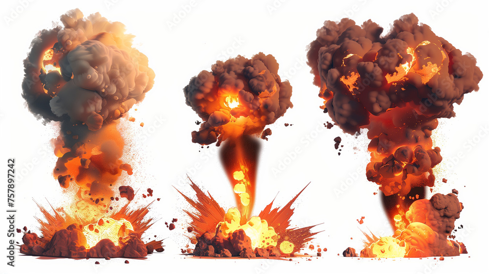 Poster a set of three realistic cartoon-style explosions, isolated on a white background with no shadows or
