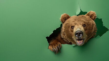 A cute yet mysterious depiction of a bear with its face blurred, emerging from torn green paper - obrazy, fototapety, plakaty