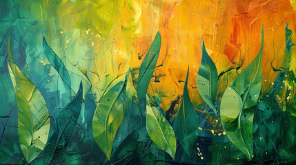 Vibrant Abstract Spring Art with Fresh Greenery 