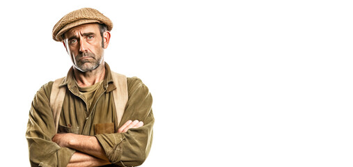 Obraz premium Excited irritated angry male farmer in work clothes, white background isolate.