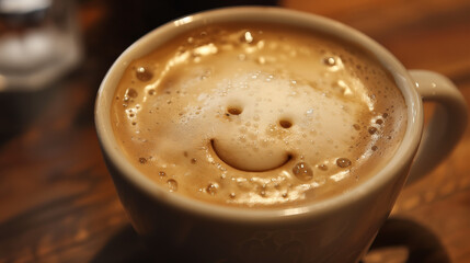cup of coffee with a smiley in the foam - obrazy, fototapety, plakaty