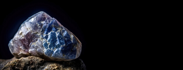 Junitoite is rare precious natural stone on black background. AI generated. Header banner mockup with space.