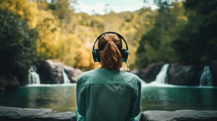 Music therapy, harmony, mental health concept. Pretty young woman enjoying music with headphones outdoors. Woman wearing headphones enjoying music and good vibes 