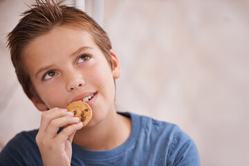 Face, thinking any boy eating cookie in home for hunger, snack or treats inspiration. Future, planning or vision with happy young teen kid biting food, biscuit or baked goods in apartment closeup
