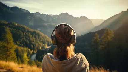 Foto op Canvas Music therapy, harmony, mental health concept. Pretty young woman enjoying music with headphones outdoors. Woman wearing headphones enjoying music and good vibes  © Charisia