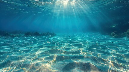 Seabed sand with blue tropical ocean above, empty underwater background with the summer sun shining brightly, creating ripples in the calm sea water