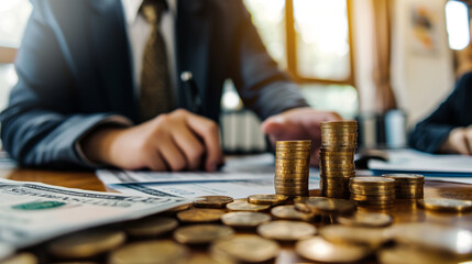 Businessman or accountant preparing financial reports with many coins and bill on the table
