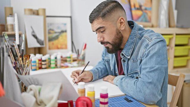 Handsome bearded man sketching in a creative studio environment, surrounded by artistic supplies.