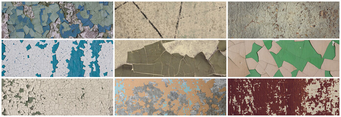 Set of peeling paint textures. Old concrete walls with cracked flaking paint. Weathered rough painted surfaces with patterns of cracks and peeling. Collection of wide panoramic backgrounds for design.