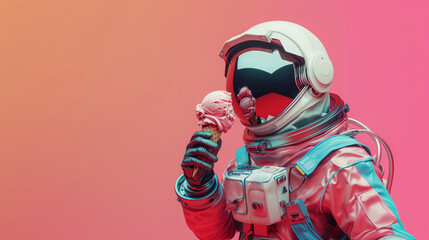 Summer fun creative concept with an astronaut eating ice cream on cone. Copy space.