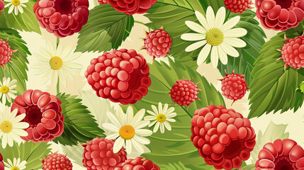 Abstract seamless pattern with red raspberry with green leaves and daisies isolated on white...