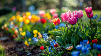 Vibrant, colorful spring garden with blooming flowers 
