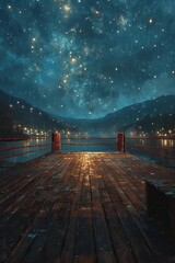 A photo capturing a night scene with a wooden floor and a sky filled with stars.