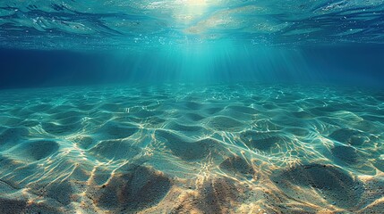 Seabed sand with blue tropical ocean above, empty underwater background with the summer sun shining brightly, creating ripples in the calm sea water - obrazy, fototapety, plakaty