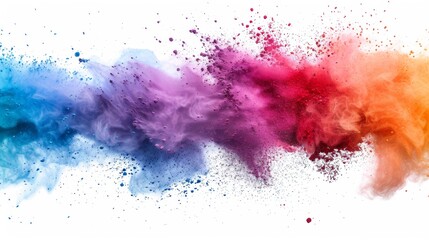 
This image shows a vibrant explosion of powder in a spectrum of colors: blue, purple, pink, red, and orange, against a stark white background.