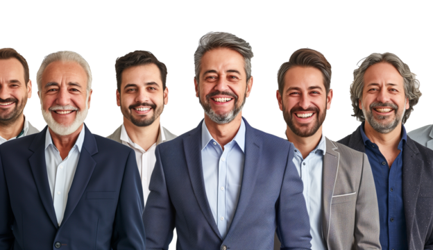 businessmen of different ages smiling looking at camera isolated on transparent background, portrait business people of diverse age group cutout  
