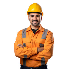 Portrait of a smiling male construction worker with arms crossed, isolated on transparent background