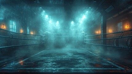 A photograph capturing a boxing ring in the middle of a dark room, set for an intense fight night event. - obrazy, fototapety, plakaty