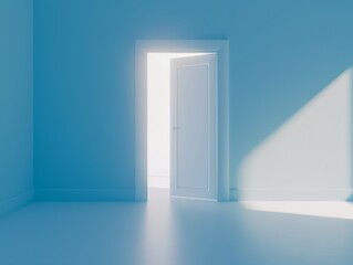 Minimalist blue room with an open white door, casting a sharp shadow on the wall, symbolizing opportunity, mystery, or a new beginning.