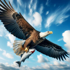 An eagle bird is flying through the sky hunting for fish. Generative ai