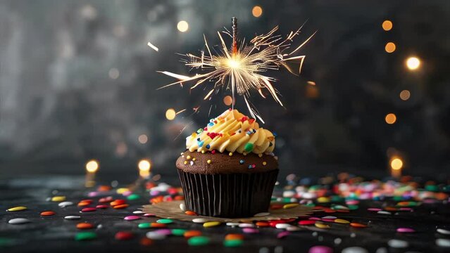 Chocolate muffin with a sparkler on black color background. 