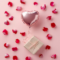 An overhead shot of a heart-shaped balloon floating above a gift box surrounded by scattered rose petals on a light pink background.