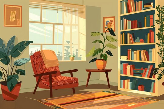 Cozy Home Interior with Modern Armchair, Bookshelves, and Warm Accents Ideal for Decor Inspiration