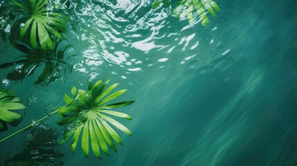 Tropical palm leaves in the water on a green background with a place to copy text. The concept of recreation, tourism and sea travel.