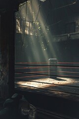 A boxing ring illuminated by the suns rays during an intense fight night event.