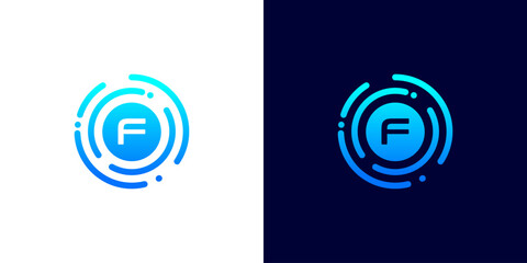 Letter F technology logo with circuit board line style circle for digital,data,connection - obrazy, fototapety, plakaty