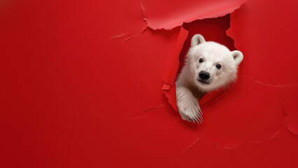 Fototapeta na wymiar An adorable polar bear cub's face peeks through a torn red sheet, evoking a sense of curiosity and playfulness