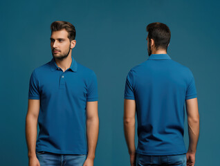 Front and back views of a man wearing a blue polo shirt mockup template