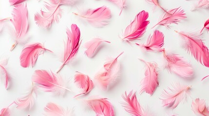 Pink feathers on white background. Template for banner background.