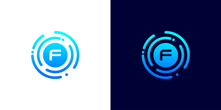 Letter F technology logo with circuit board line style circle for digital,data,connection