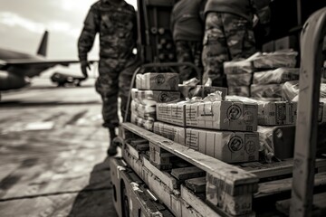 Supply of weapons. Unloading boxes of ammunition at a military airport