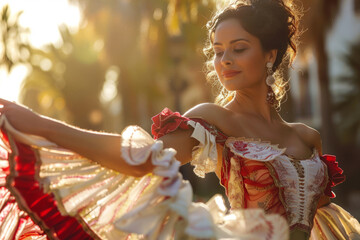 Beautiful female flamenco dancer in traditional dance dress. Generative AI - obrazy, fototapety, plakaty