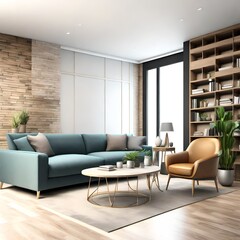 Rustic cabinet near white sofa against concretion wall. Minimalist interior design of modern living room. - obrazy, fototapety, plakaty