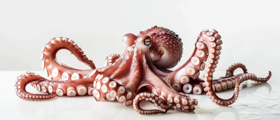 An octopus sprawls with tentacles extended, displaying its detailed suction cups and intrigued eye.