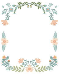 Postcard or poster made from folk art elements. Folk vector illustration, floral frame on white background. Hand drawn folk flowers. Scandinavian traditional motif