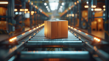 Cardboard box on conveyor belt in warehouse