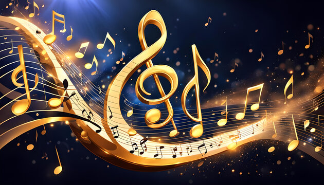 tanzende goldene Musik Noten auf dynamisch bewegten Zeilen im Raum schwingend wie Rythmus Melodie und Stimmung Hintergr&uuml;nde Vorlagen Kultur Konzert Radio Show B&uuml;hne im Rampenlicht Musical Philharmonie